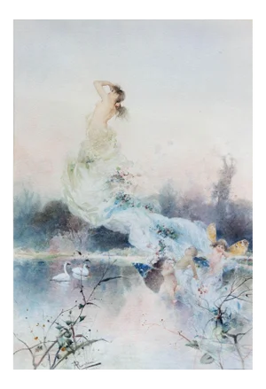 19th Century Art Nouveau Style Portrait of a Maiden and Putti Watercolor Painting, Framed