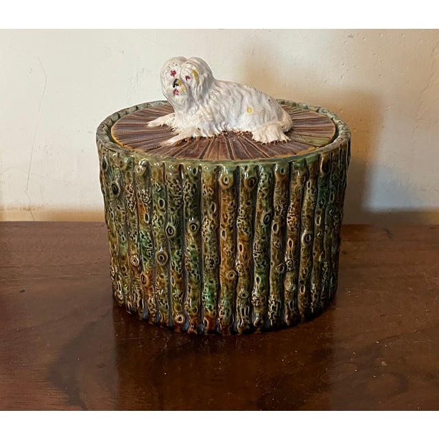 George Jones Antique 19th Century George Jones English Majolica Bamboo Faux Bois Oval Desk Box With White Dog Finial For Sale - Image 4 of 13