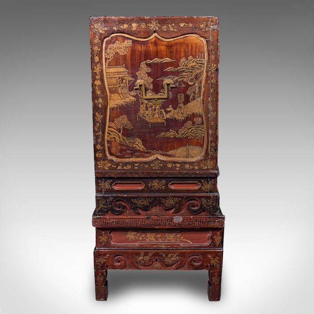 Wood Antique Campaign Cabinet on Stand, Oriental, Chinoiserie, Cupboard, Victorian For Sale - Image 7 of 12