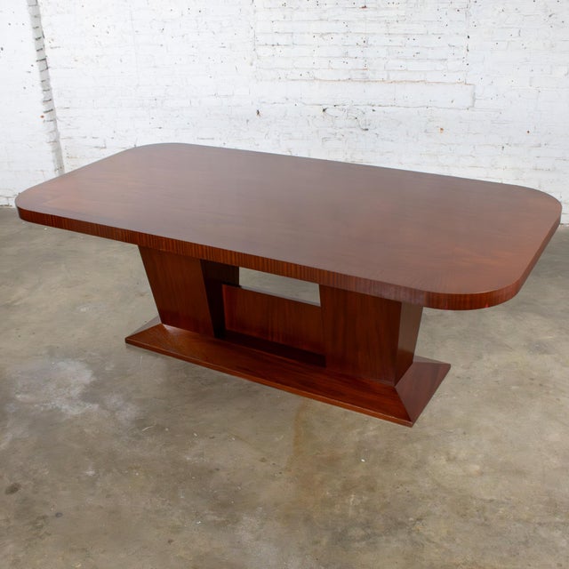 Wood Late 20th Century Modern Large Custom Mahogany Dining or Conference Table W/Double Pedestal Trestle Base For Sale - Image 7 of 18