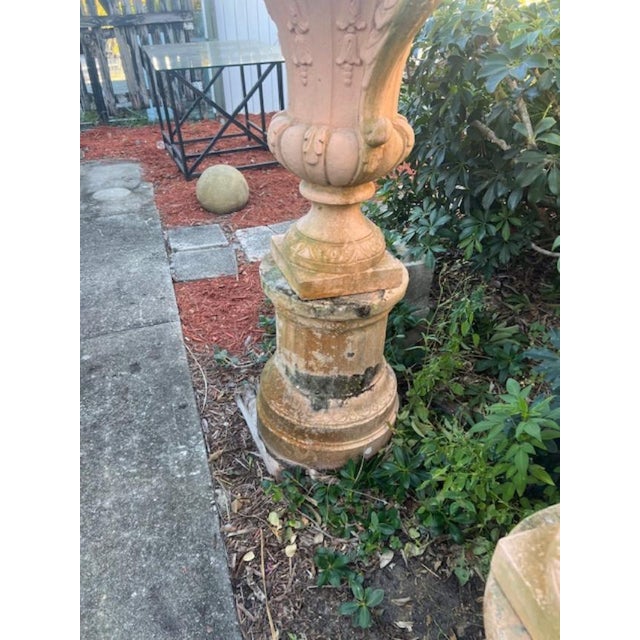 Stone 1920s Pair of Italian Large Stone Garden Urns on Pedestal 52 Inches Tall. 25 W For Sale - Image 7 of 8