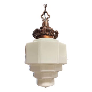 1930s Art Deco Copper Acanthus Leaf Hanging Pendant Light With Stepped Milk Glass Shade For Sale