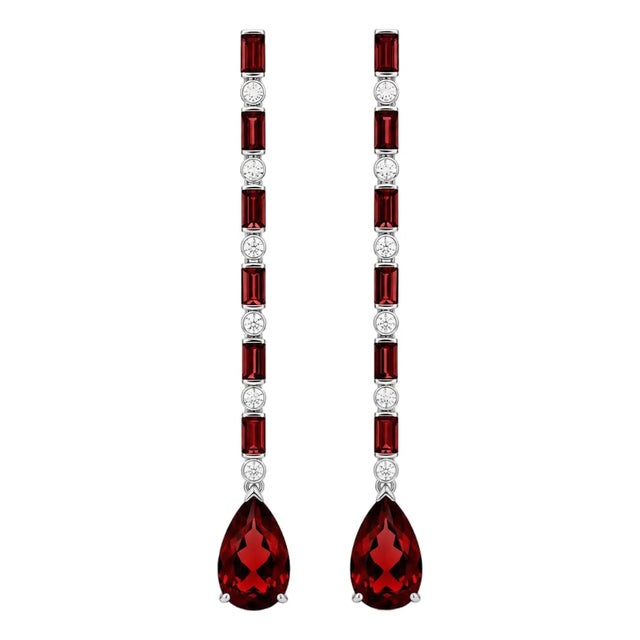 Garnet Long Drop Earrings, Silver, Gold, Pair For Sale