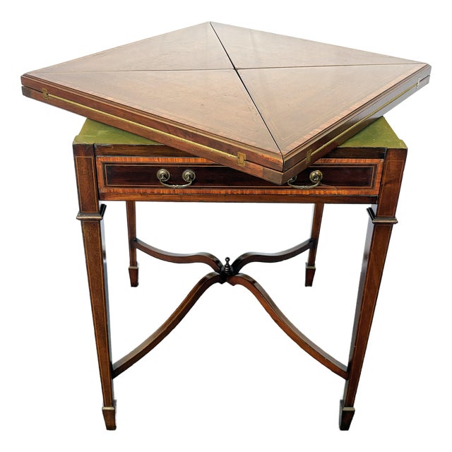 1930's Hand Made Mahogany Folding Handkerchief Game Table With Felt Top For Sale