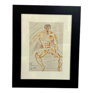 Leather Framed Male Nude Drawing - Signed and Dated 2002 For Sale
