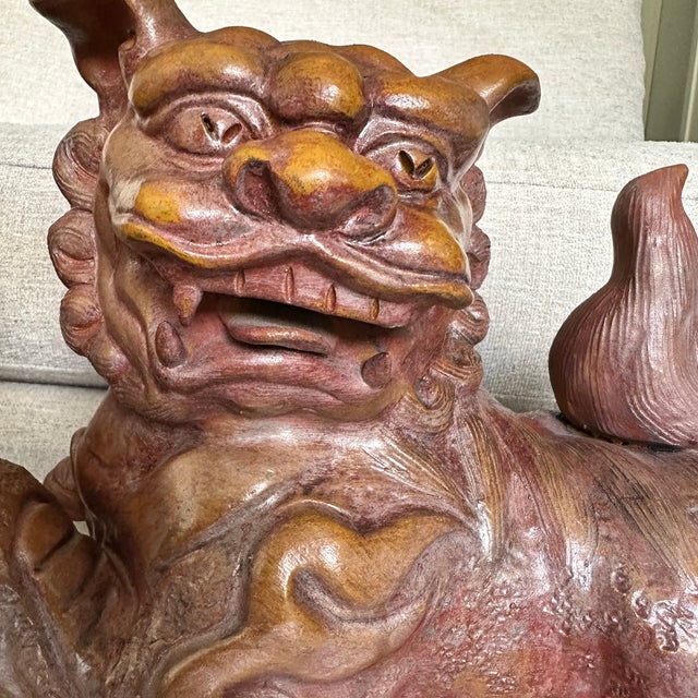 Mid 20th Century Pair Large 19" Terracotta Foo Dogs Chinese Guardian Lions Vintage Heavy For Sale - Image 5 of 17