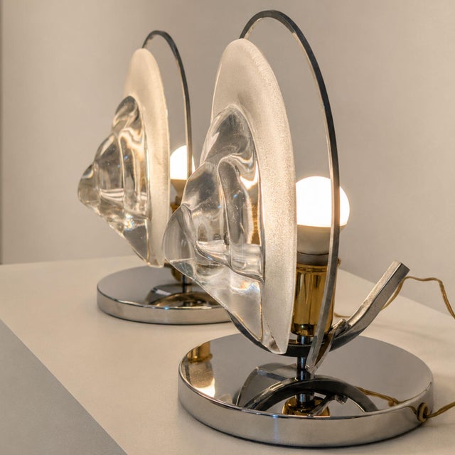 Elegant pair of Italian table lamps from the 1970s, designed in the decorative spirit often associated with Mazzega Murano...