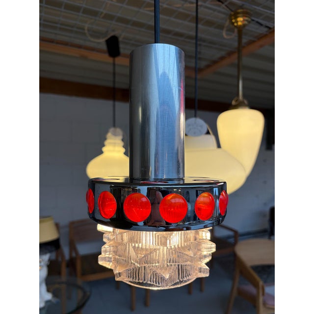 Chrome with Red Glass Ceiling Lamp attributed to Raak Design Team for Massive Lighting, 1960s For Sale - Image 10 of 12