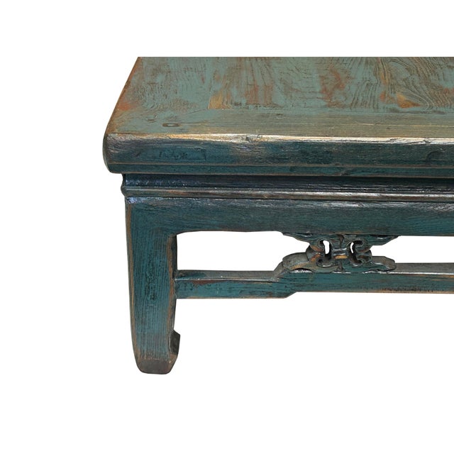 1980s Chinese Distressed Turquoise Aqua Blue Low Square Coffee Table For Sale - Image 5 of 9
