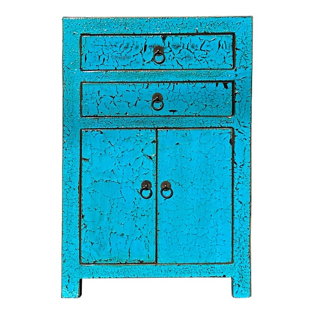 Distressed Crack Peeling Turquoise Blue 2 Drawers End Table Nightstand For Sale