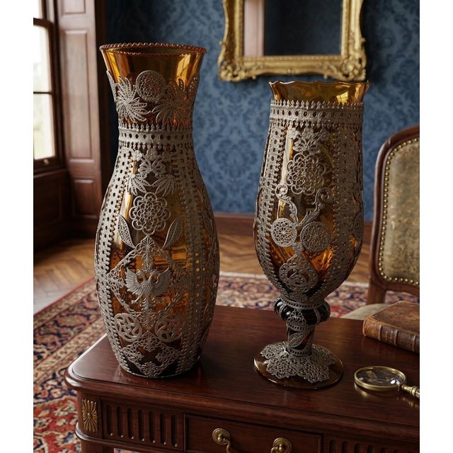 Pair of Antique Bohemian Amber Glass Vases With Elaborate Silver-Plated Filigree & Imperial Double-Headed Eagle Mounts (C. 1900) For Sale - Image 12 of 12