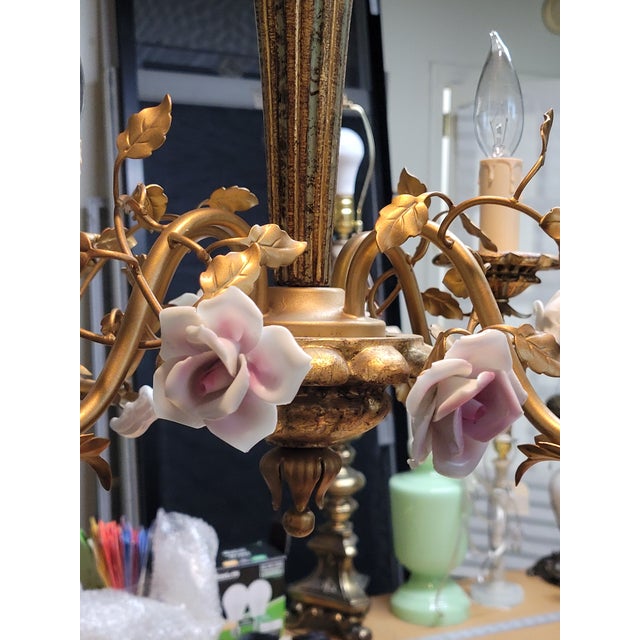 Italian Italian Gilt Wood & Porcelain Roses Chandelier For Sale - Image 3 of 9