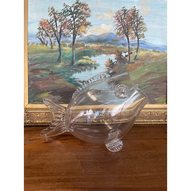 Transparent Mid Century Hand-Blown Clear Glass Fish Vase by Blenko Style - Sculptural Studio Art Glass Vessel. For Sale - Image 8 of 10
