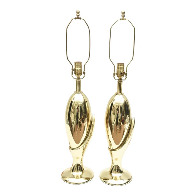 MCM Sculptural Brass Plated Table Lamps Attributed to Laurel Lamp Co. Pair of Restored For Sale