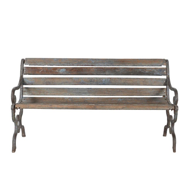 English Vintage Anglo-Indian Painted Teakwood and Cast-Iron Garden Bench For Sale - Image 3 of 4