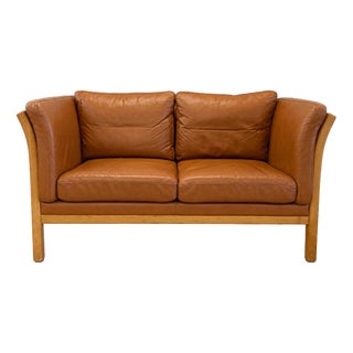 Vintage Danish Two Seater Sofa in Cognac Leather with Oak Frame For Sale