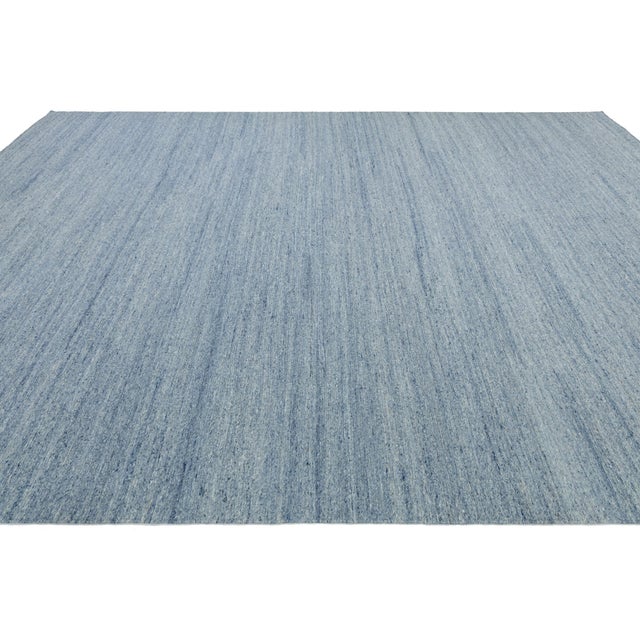Textile Scandinavian Style Solid Blue Flat Weave Rug - Minimalist & Reversible Design For Sale - Image 7 of 11