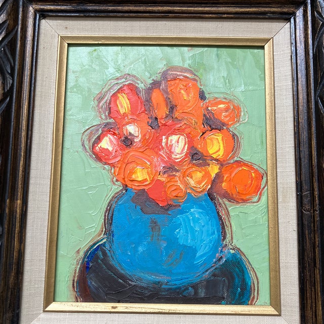 Original 8 x 10 painting on canvas board signed on reverse Overall size with vintage carved wood frame with aged linen...