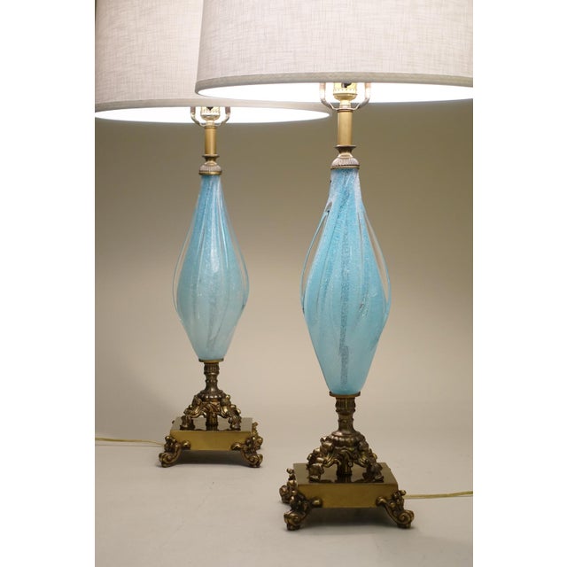 Hollywood Regency 1960s Large Barovier Toso Murano Italy Thick Aqua Swirl Art Glass Ornate Brass Table Lamps - a Pair For Sale - Image 3 of 11