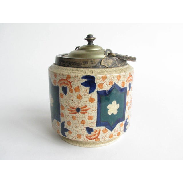 Antique Burslem English Pottery Imari Biscuit Jar With Silver Plate Lid