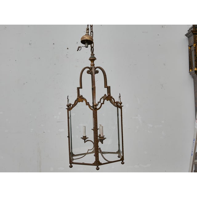 Tall French Wrought Iron Lantern With Glass Panels and Scroll Detailing - 1900s For Sale - Image 14 of 18