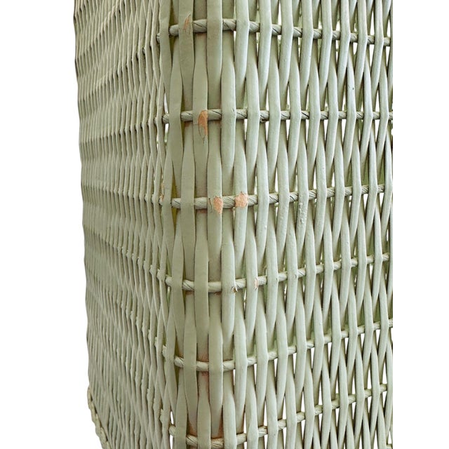 Mid-Century Sage Green Wicker Wastebasket With Triple Braided Trim For Sale - Image 10 of 11
