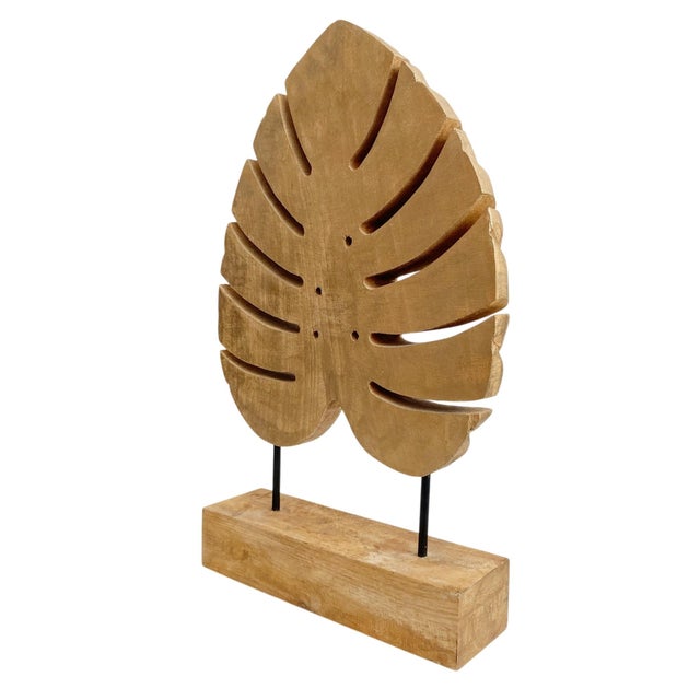Large Carved Wood Monstera Leaf Sculpture With Gold Paint For Sale - Image 4 of 6