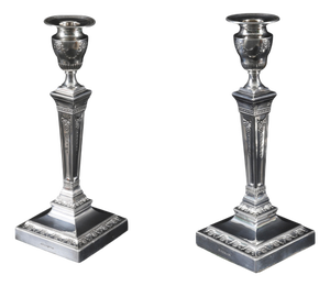 Antique Neoclassical Silver-Plated Candlesticks from Walker & Hall, 19th Century, Set of 2