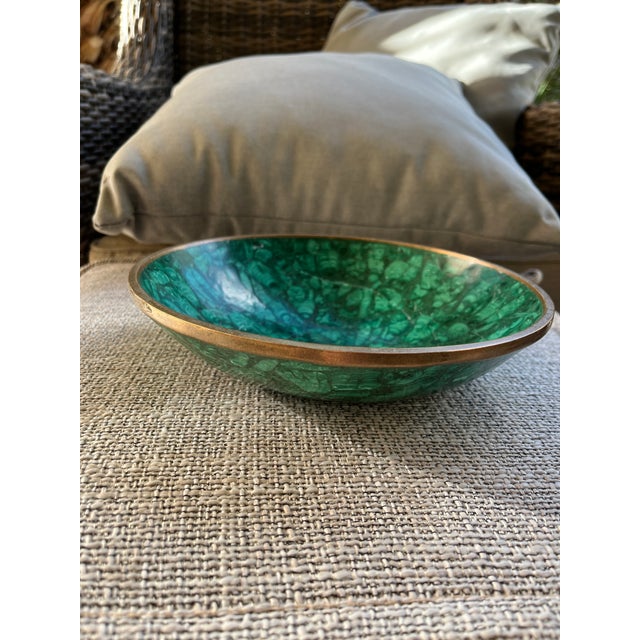Malachite Bowl With Brass Trim Beautiful Highlights For Sale - Image 4 of 5
