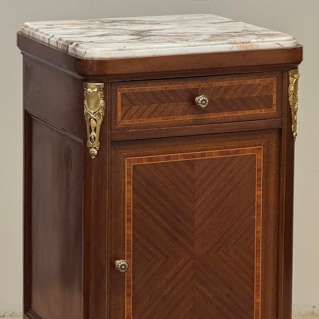 Pair of Antique French Louis XVI Marquetry Marble Top Nightstands ~ End Tables For Sale - Image 12 of 18