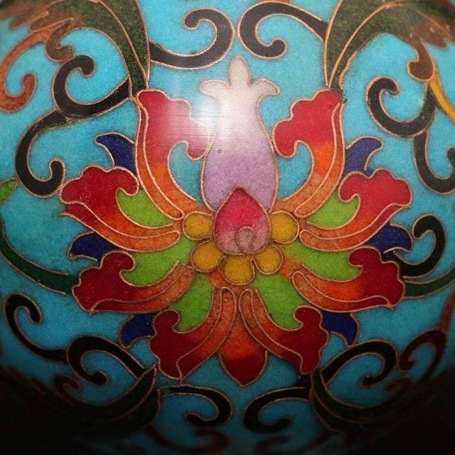 Late 19th Century Pair of Turquoise Cloisonné Enamel Lotus Vases For Sale In Los Angeles - Image 6 of 9