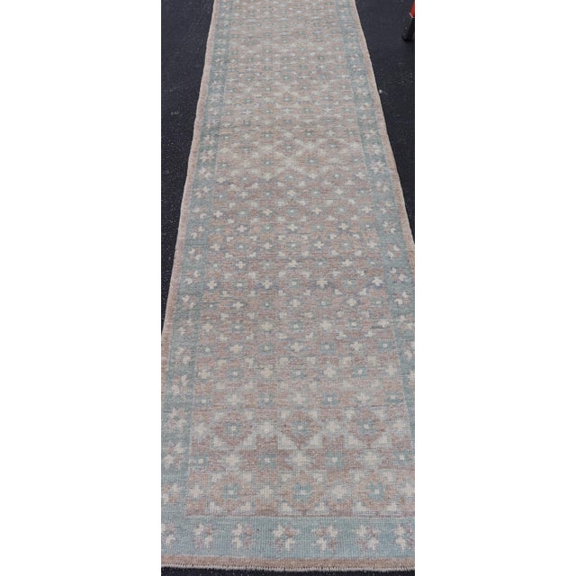 Beige Modern Turkish Oushak Runner in Light Blue and Beige Tones With Allover Pattern For Sale - Image 8 of 12