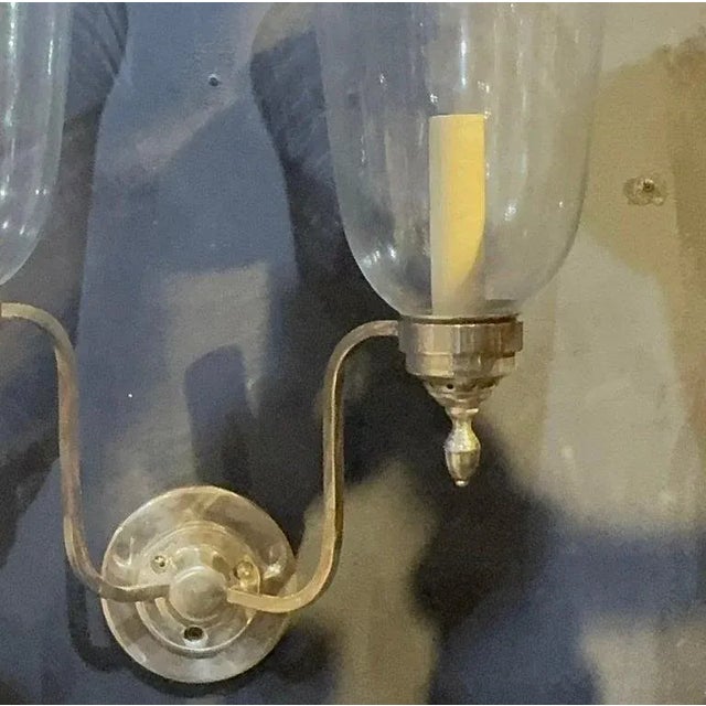 Neoclassical 1910 Silver Plate Bronze and Hurricane Glass Sconces Two Lights - a Pair For Sale - Image 3 of 6