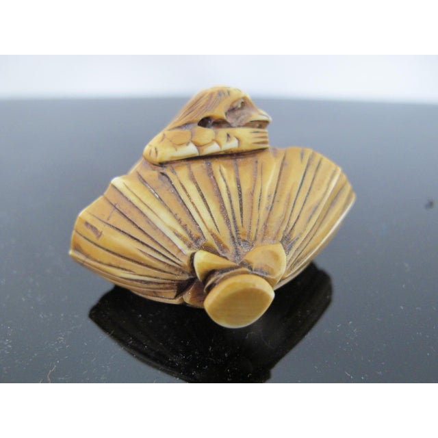 19th Century Japanese Carved Bone Kappa With Lotus Leaf Netsuke Figurine Edo Period For Sale - Image 5 of 9