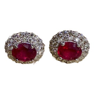 6 Ct Oval Treated Ruby & 2 Ct Double Halo Diamond Stud Earrings 14k White Gold For Sale