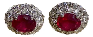6 Ct Oval Treated Ruby & 2 Ct Double Halo Diamond Stud Earrings 14k White Gold
