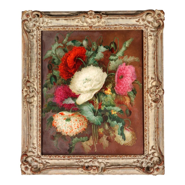 English Porcelain Botanical Plaque of Double Poppies, Attributed to Derby, Circa 1825 For Sale