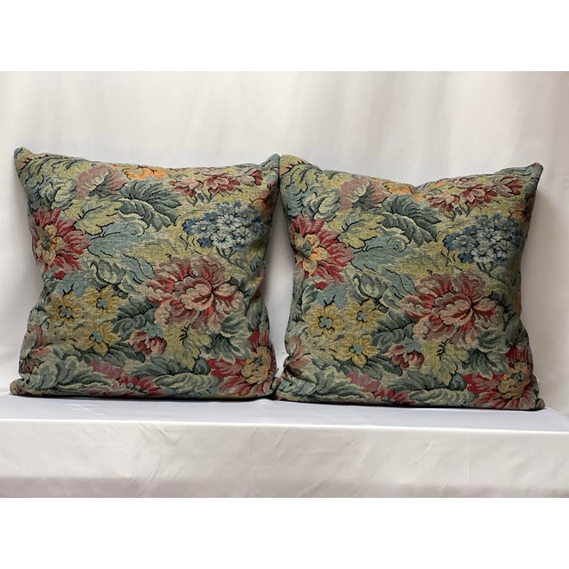 Custom-tailored handcrafted 22” x22” botanical verdure velvet tapestry pillows in shades of blue. Back is steel blue...