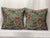 Custom-tailored handcrafted 22” x22” botanical verdure velvet tapestry pillows in shades of blue. Back is steel blue...