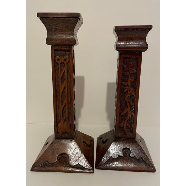 Arts & Crafts Set of Arts and Crafts Carved Candlesticks For Sale - Image 3 of 8