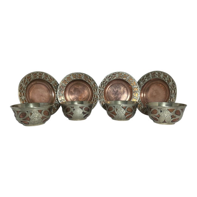 1920s Persian Silver-on-Copper "Ghalamzani" Bowl & Plate Set (8 Pieces) For Sale