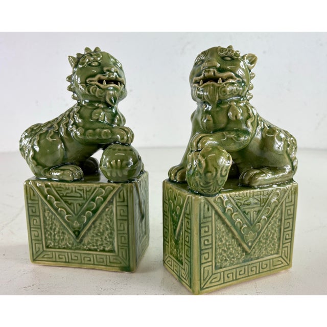 Green Vintage Green Majolica Chinese Export Pottery Foo Dogs/a Pair For Sale - Image 8 of 8