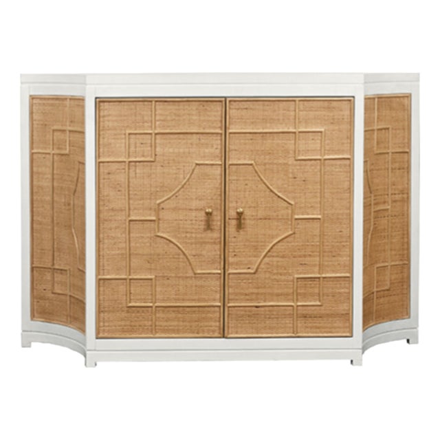Matthew Izzo Home Isabel Rattan and Matte White Lacquer Storage Cabinet With Greek Key Design and Brass Accents For Sale