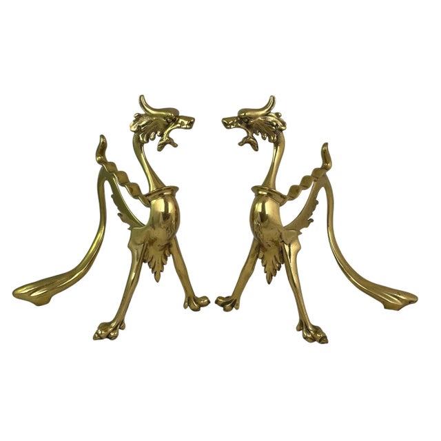 Mid-century solid brass dragon andirons. No maker's mark. Minimal age wear.