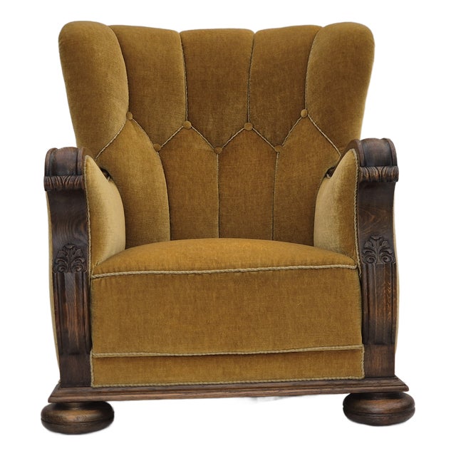 Danish Armchair in Oak and Yellow Furniture Velour, 1960s For Sale