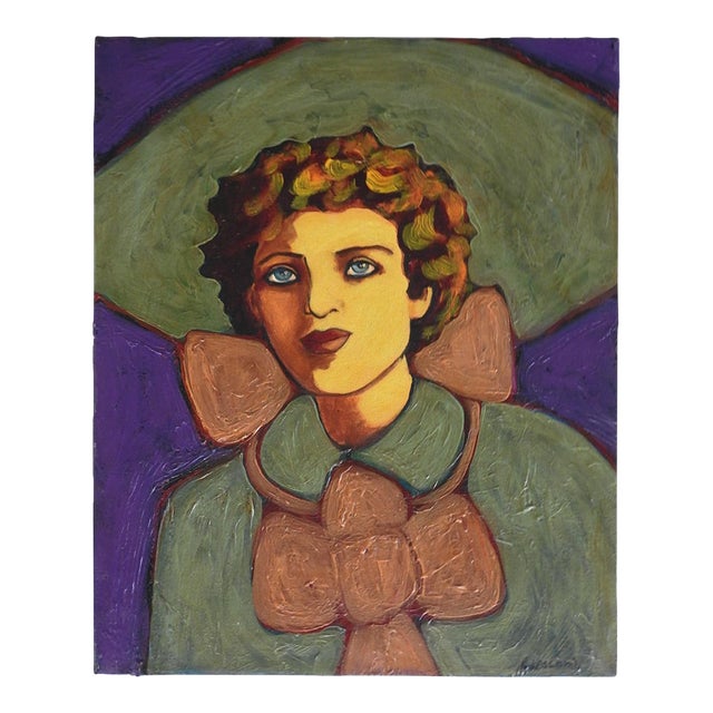 Contemporary Portrait Painting of Woman in Green Hat For Sale