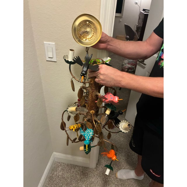 Wood Vintage Folk Art Hummingbird Chandelier Signed Carey Handmade Wood Hanging Light For Sale - Image 7 of 12