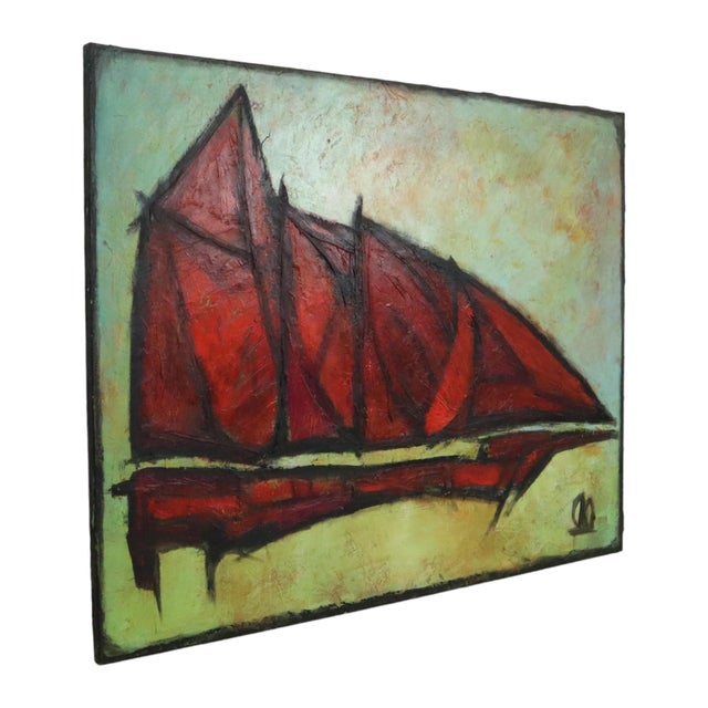 Abstract painting of a boat, oil on canvas, XL size, signed in the lower right corner with a small boat logo, unknown...