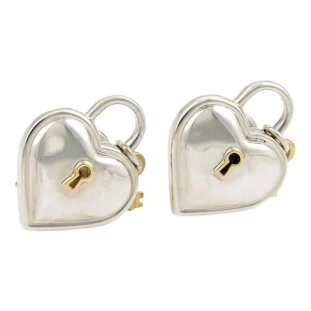 Tiffany & Co. Sterling 18k Yellow Gold Hearts Padlock Key Earrings - 2 Pieces For Sale