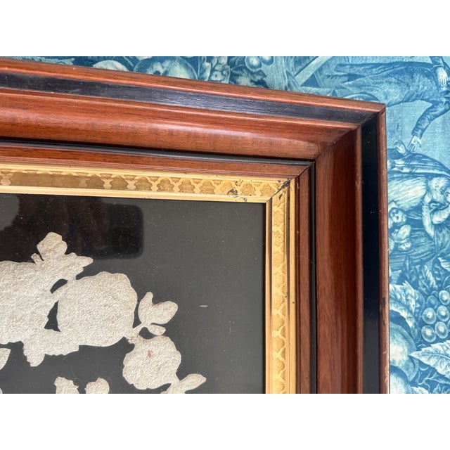 Victorian Pin Prick Flower Basket Folk Art Black Velvet Deep Well Frame For Sale - Image 4 of 12